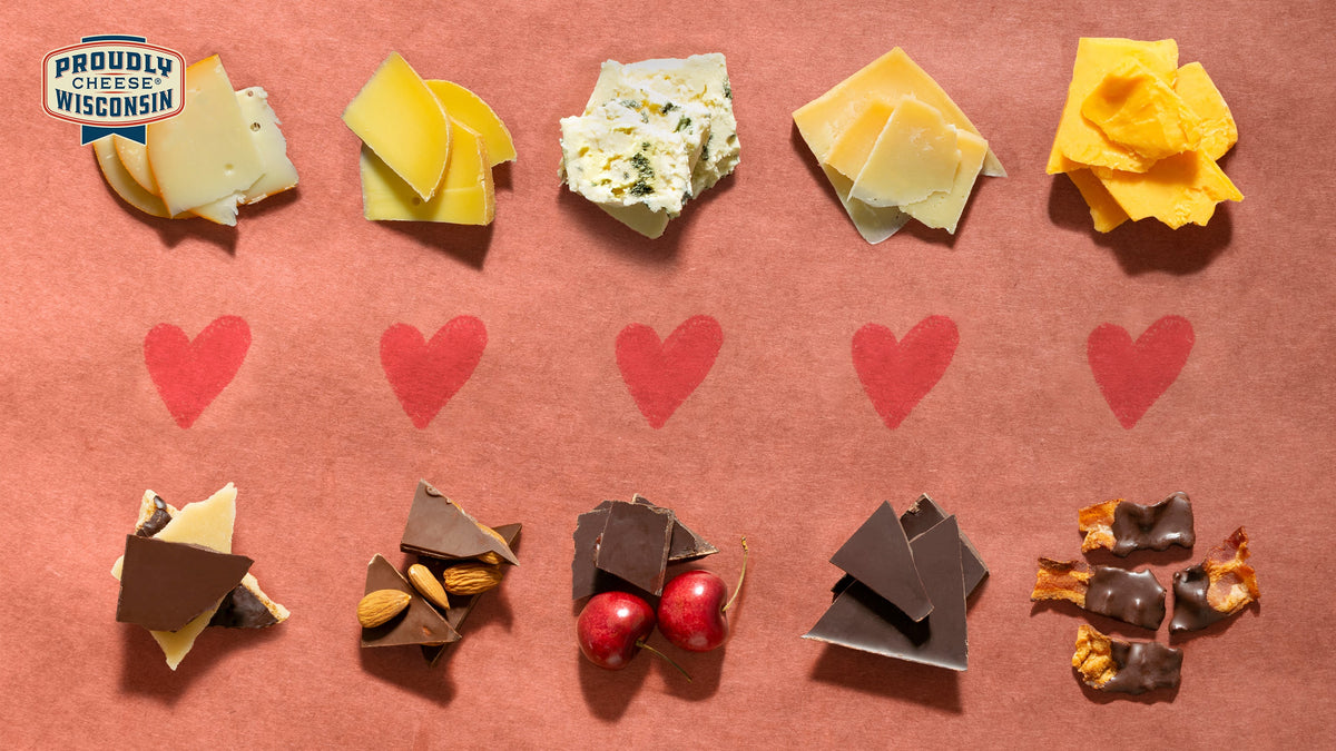 Pieces of cheese paired with dark chocolate