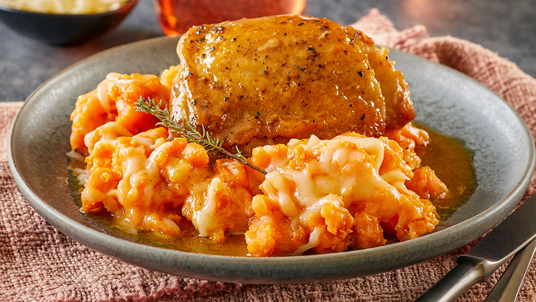 Cider-Braised Chicken with Gouda Sweet Potatoes