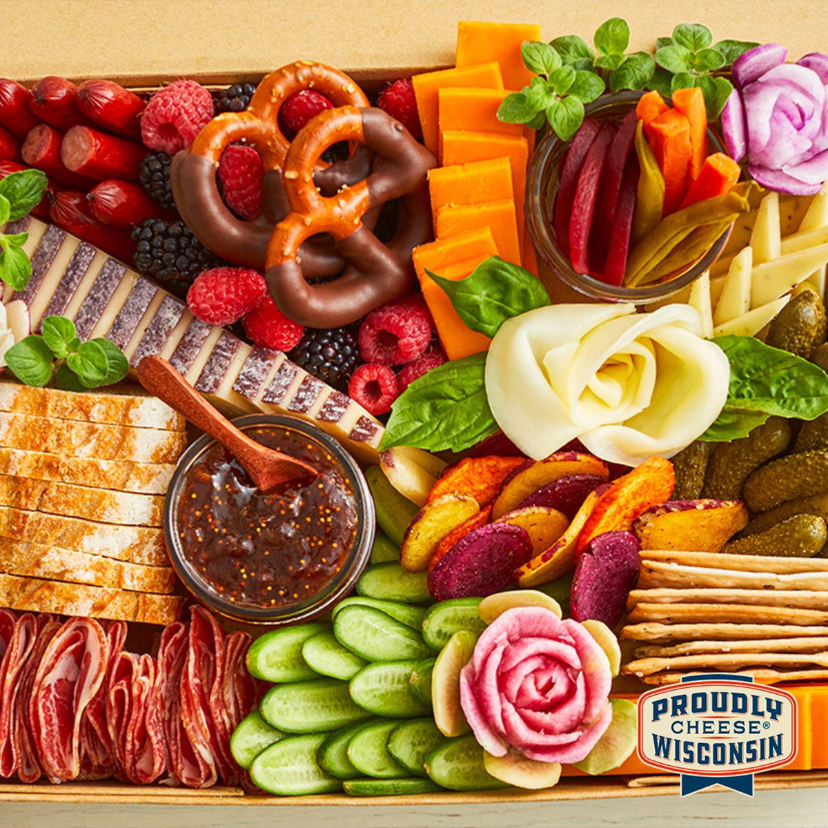 Picnic box filled with cheese, fruit and crackers