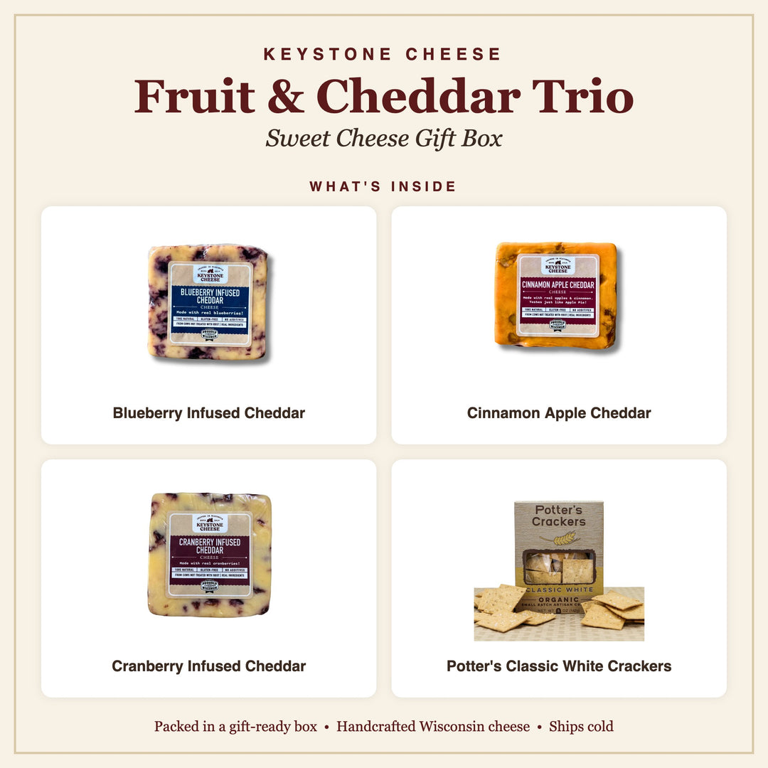 What's inside the Fruit & Cheddar Trio Sweet Cheese Gift Box