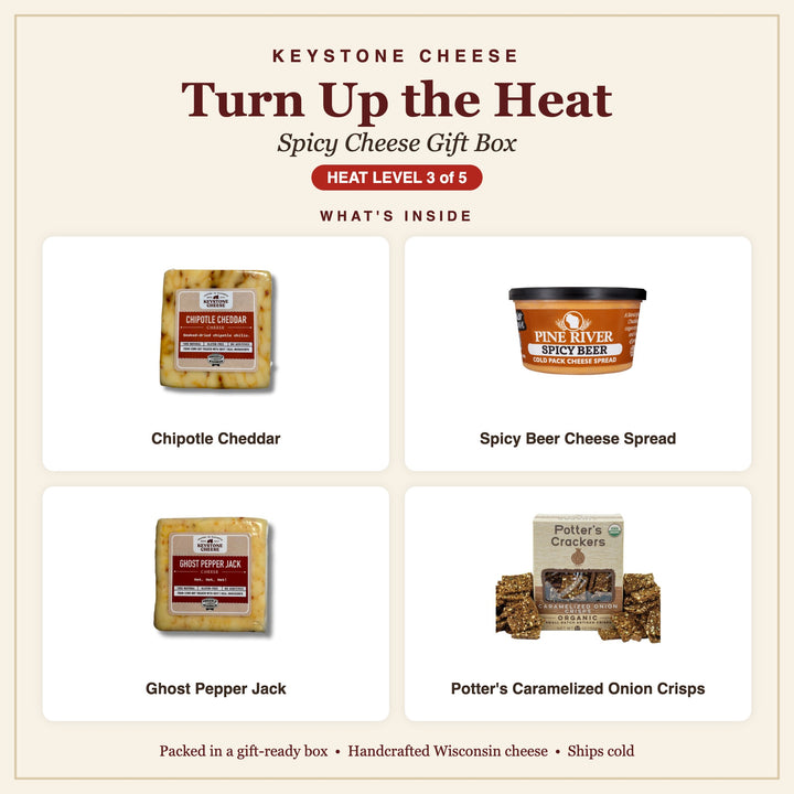 What's inside the Turn Up the Heat Spicy Cheese Gift Box