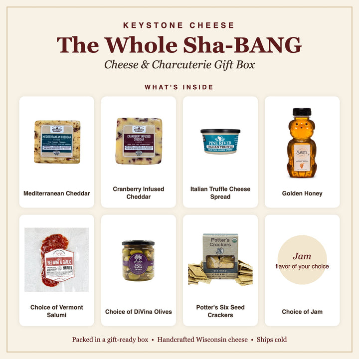What's inside The Whole Sha-BANG cheese and charcuterie gift box